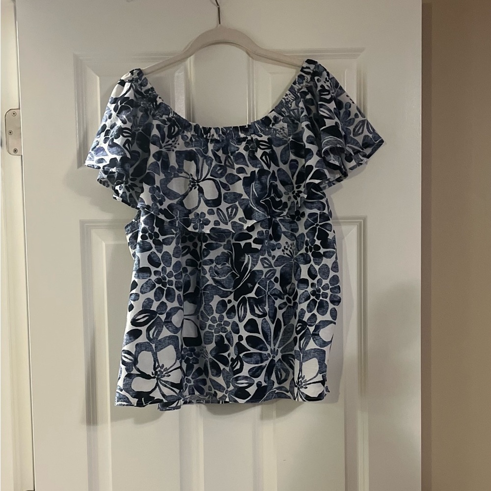 Loft- Blue & White floral ruffle top blouse.  Wear in or off the shoulder.
